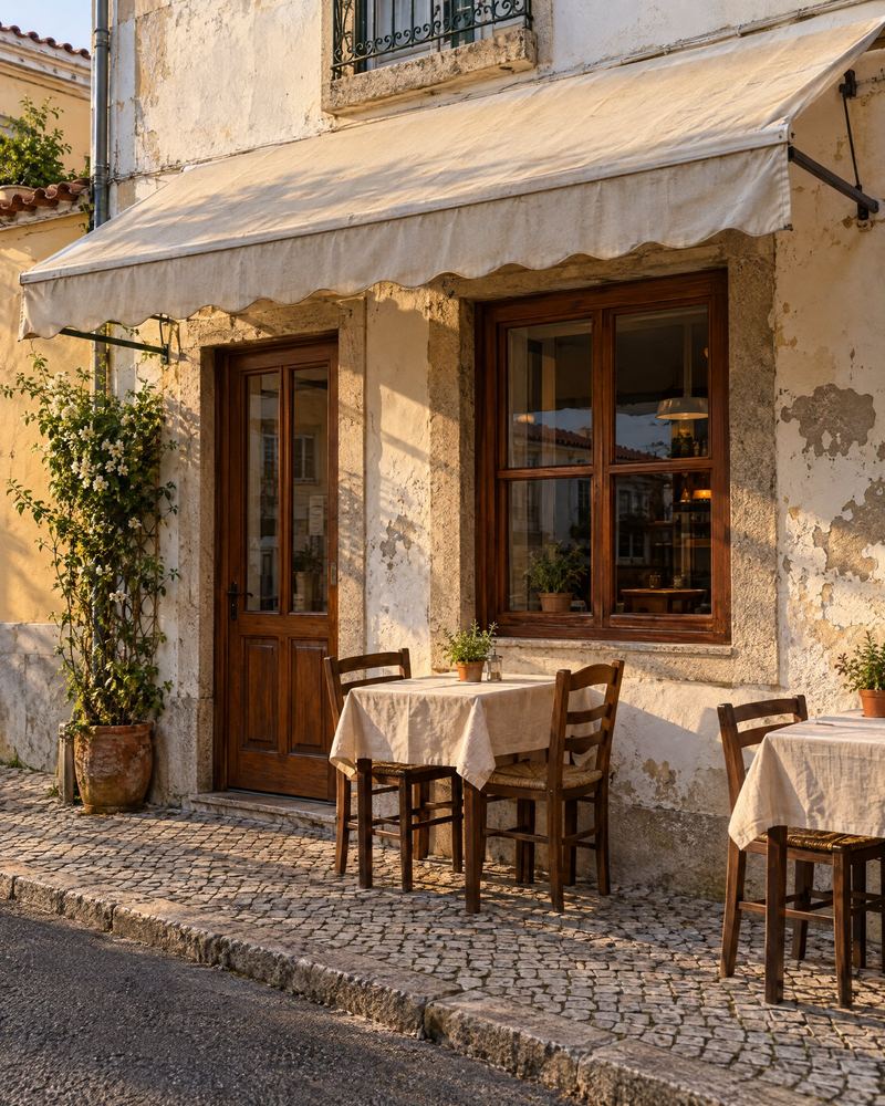 Fachada de um pequeno restaurante de bairro com toldo e mesas na rua ao fim da tarde.